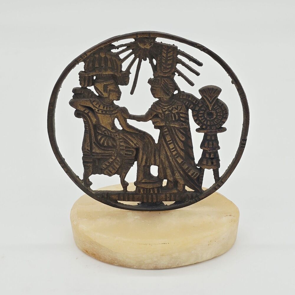 Vintage Brass Egyptian Plaque King Tutankhamun and Ankhesenamun with Marble Base